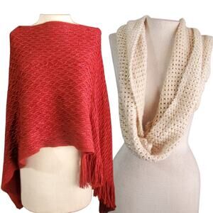 Two Sparkle Scarves Cream Sequin Infinity and Burgundy Sparkle Cape